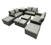 Fimous PE Rattan Garden Furniture Set Lounge Double Seat Sofa Coffee Table Set with Side Table 4 Stools Dark Grey Mixed