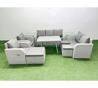 Fimous PE Rattan Garden Furniture Set Outdoor Rectangular Dining Table Sofa Set with Reclining Chair 3 Stool 2 Side Tables Light Grey