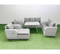 Fimous PE Rattan Garden Furniture Set Outdoor Rectangular Dining Table Sofa Set with Reclining Chair Big Stool Side Table Light Grey
