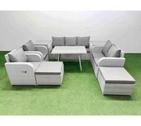 Fimous PE Rattan Garden Furniture Set Outdoor Rectangular Dining Table Sofa Set with Reclining Chair 2 Big Stool 2 Side Tables Light Grey
