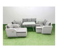 Fimous Pe Rattan Garden Furniture Set Outdoor Rectangular Dining Table Sofa Set With Reclining Chair 3 Stool 2 Side Tables
