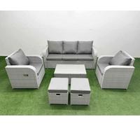 Fimous Pe Rattan Garden Furniture Set Reclining Chair Lounge Sofa Set Oblong Coffee Table 2 Small Stools Light Grey