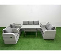 Fimous Pe Rattan Garden Furniture Set Reclining Chair Sofa Double Love Seat 2 Seater Sofa Lounge Set 2 Side Table Light Grey