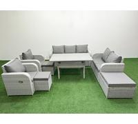 Fimous PE Rattan Garden Furniture Set Reclining Chair Sofa Double Love Seat 2 Seater Sofa Lounge Set Rectangular Dining Table 3 Stools Light Grey Fimous Light Grey