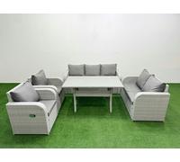 Fimous PE Rattan Garden Furniture Set Reclining Chair Sofa Double Love Seat 2 Seater Sofa Lounge Set Rectangular Dining Table Light Grey