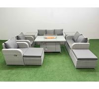 Fimous PE Rattan Garden Furniture Set Reclining Chair Sofa Double Love Seat 2 Seater Sofa Lounge Set Firepit Dining Table 2 Big Footstool 2 Side Fimous Light Grey