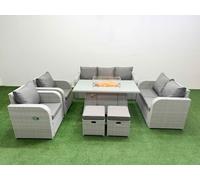 Fimous PE Rattan Garden Furniture Set Sofa Double Love Seat 2 Seater Sofa Lounge Set Firepit Dining Table 2 Stools