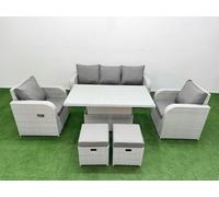 Fimous PE Rattan Garden Furniture Set Reclining Chair Sofa Lounge Sofa Set Adjustable Lifting Dining or Coffee Table 2 Small Stools Light Grey