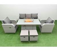 PE Rattan Garden Furniture Set Reclining Chair Sofa Lounge Sofa Set Firepit Dining Table 2 Small Stools Light Grey Fimous Light Grey One Size