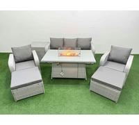 Fimous PE Rattan Garden Furniture Set Reclining Chair Sofa Lounge Sofa Set Fire Pit Dining Table Side Table 2 Big Footstool Light Grey