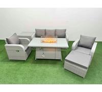 Fimous PE Rattan Garden Furniture Set Reclining Chair Sofa Lounge Sofa Set Fire Pit Dining Table Side Table Big Footstool Light Grey