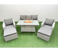Fimous PE Rattan Garden Furniture Set Reclining Chair Sofa Lounge Sofa Set Firepit Dining Table 2 Big Footstool Light Grey Fimous Light Grey