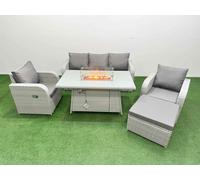 Fimous PE Rattan Garden Furniture Set Reclining Chair Sofa Lounge Sofa Set Firepit Dining Table Big Footstool Light Grey Fimous Light Grey