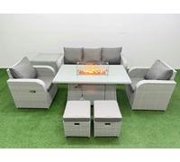 PE Rattan Garden Furniture Set Reclining Chair Sofa Lounge Sofa Set Firepit Dining Table Side Table 2 Small Stools Light Grey Fimous Light Grey One Size