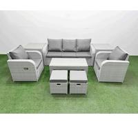 Fimous PE Rattan Garden Furniture Set Reclining Chair Sofa Lounge Sofa Set 2 Side Table 2 Small Stools Light Grey