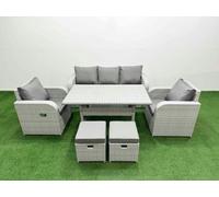 Fimous PE Rattan Garden Furniture Set Reclining Chair Sofa Lounge Sofa Set Rectangular Dining Table 2 Small Stools Light Grey