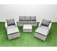 Fimous Pe Rattan Garden Furniture Set Reclining Chair Sofa Lounge Sofa Set Square Coffee Table 2 Big Footstool Light Grey