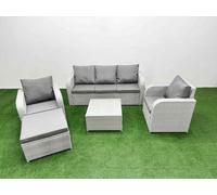 Fimous Pe Rattan Garden Furniture Set Reclining Chair Sofa Lounge Sofa Set Square Coffee Table Big Footstool Light Grey
