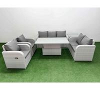 Fimous Pe Rattan Garden Furniture Set Reclining Chair Sofa Set Adjustable Lifting Dining Or Coffee Table Side Table Light Grey