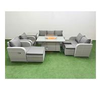 PE Rattan Garden Furniture Set Reclining Chair Sofa Double Love Seat 2 Seater Sofa Lounge Set Firepit Dining Table 3 Stools Side Table Light Grey Fimous Light Grey One Size