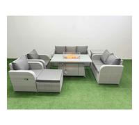 PE Rattan Garden Furniture Set Reclining Chair Sofa Double Love Seat 2 Seater Sofa Lounge Set Firepit Dining Table Big Footstool Side Table Light Grey Fimous Light Grey One Size