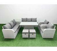 Fimous PE Rattan High Back Lounge Sofa Set with 3 Seater Sofa Reclining Chair Stools Side Table Light Grey