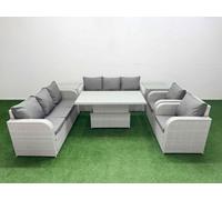 Fimous Pe Rattan High Back Lounge Sofa Set Adjustable Lifting Dining Or Coffee Table & Chairs Set 2 Side Table Light Grey