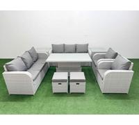 Fimous PE Rattan High Back Lounge Sofa Set with 3 Seater Sofa Reclining Chair Stools 2 Side Table Light Grey