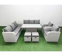 PE Rattan High Back Lounge Sofa Set Patio Adjustable Lifting Dining or Coffee Table & Chairs Set with 3 Seater Sofa Reclining Chair Stools Side Table Fimous Light Grey One Size