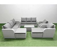 Fimous PE Rattan High Back Lounge Sofa Set Patio Coffee Table & Chairs Set with 3 Seater Sofa Reclining Chair 2 Big Footstool Side Table Light Grey