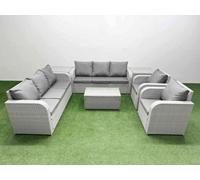 Fimous PE Rattan High Back Lounge Sofa Set Patio Coffee Table & Chairs Set with 3 Seater Sofa Reclining Chair 2 Side Table Light Grey