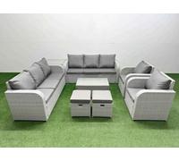 Fimous Pe Rattan High Back Lounge Sofa Set Coffee Table & Chairs Set 3 Seater Sofa Reclining Chair Stools Side Table
