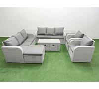 Fimous PE Rattan High Back Lounge Sofa Set Patio Oblong Coffee Table & Chairs Set with 3 Seater Sofa Reclining Chair 3 Stools 2 Side Table Light Grey