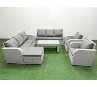 Fimous Pe Rattan High Back Lounge Sofa Set Oblong Coffee Table & Chairs Set Reclining Chair Big Footstool Light Grey