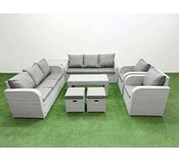 Fimous Pe Rattan High Back Lounge Sofa Set Oblong Coffee Table & Chairs Set Reclining Chair Stools Side Table Light Grey