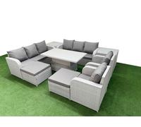 Fimous PE Rattan High Back Lounge Sofa Set with 3 Seater Sofa Reclining Chair 2 Big Footstool 2 Side Table Light Grey