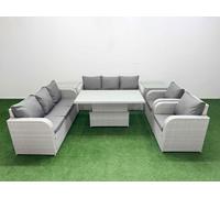 Fimous PE Rattan High Back Lounge Sofa Set Patio Adjustable Lifting Dining or Coffee Table & Chairs Set w/ 3 Seater Sofa Reclining Chair 2 Side Table Fimous Light Grey