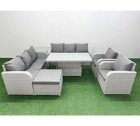 Fimous PE Rattan High Back Lounge Sofa Set Patio Adjustable Lifting Dining or Coffee Table & Chairs Set w/ 3 Seater Sofa Reclining Chair Big Fimous Light Grey