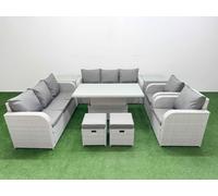 Fimous PE Rattan High Back Lounge Sofa Set with 3 Seater Sofa Reclining Chair Stools 2 Side Table Light Grey