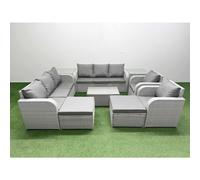 Fimous Pe Rattan High Back Lounge Sofa Set Coffee Table & Chairs Set 3 Seater Sofa Reclining Chair 2 Big Footstool 2 Side Table