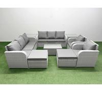 Fimous PE Rattan High Back Lounge Sofa Set Patio Coffee Table & Chairs Set with 3 Seater Sofa Reclining Chair 2 Big Footstool 2 Side Table Light Grey Fimous Light Grey