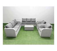 Fimous Pe Rattan High Back Lounge Sofa Set Coffee Table & Chairs Set 3 Seater Sofa Reclining Chair 2 Side Table Light Grey