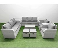 Fimous PE Rattan High Back Lounge Sofa Set Patio Coffee Table & Chairs Set with 3 Seater Sofa Reclining Chair Stools 2 Side Table Light Grey Fimous Light Grey