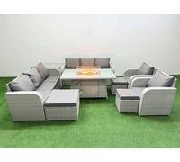 Fimous PE Rattan Set Patio Firepit Dining Table & Chairs Set with 3 Seater Sofa Reclining Chair 3 Stools Side Table Light Grey