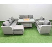 Fimous PE Rattan High Back Lounge Sofa Set Patio Firepit Dining Table & Chairs Set w/ 3 Seater Sofa Reclining Chair Big Footstool Side Table Light Fimous Light Grey