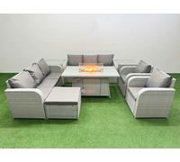 Fimous PE Rattan High Back Lounge Sofa Set Patio Firepit Dining Table & Chairs Set w/ 3 Seater Sofa Reclining Chair Big Footstool 2 Side Table Light Fimous Light Grey