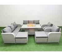 Fimous PE Rattan Set Patio Firepit Dining Table & Chairs Set with 3 Seater Sofa Reclining Chair 2 Big Footstool Light Grey