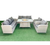 Fimous PE Rattan High Back Lounge Sofa Set Patio Fire Pit Dining Table & Chairs Set with 3 Seater Sofa Reclining Chair Light Grey