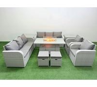 PE Rattan High Back Lounge Sofa Set Patio Firepit Dining Table & Chairs Set with 3 Seater Sofa Reclining Chair Stools 2 Side Table Light Grey Fimous Light Grey One Size