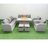 PE Rattan High Back Lounge Sofa Set Patio Firepit Dining Table & Chairs Set with 3 Seater Sofa Reclining Chair Stools Light Grey Fimous Light Grey One Size